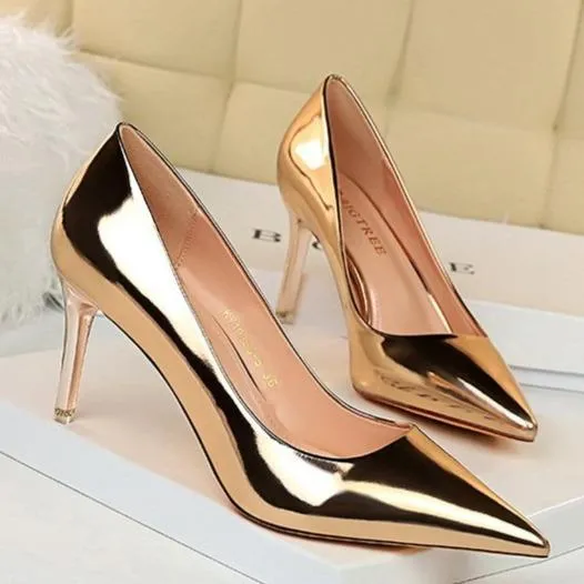 Women sexy champagne patent leather pointed toe high heel stilettos