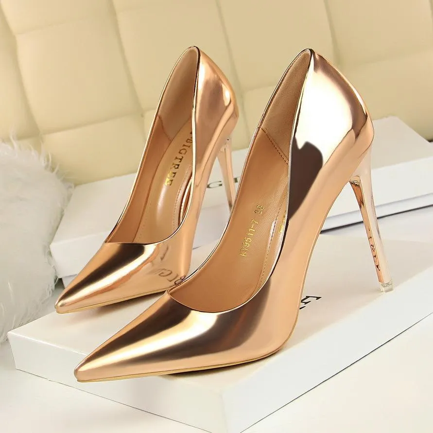 Women sexy champagne patent leather pointed toe high heel stilettos