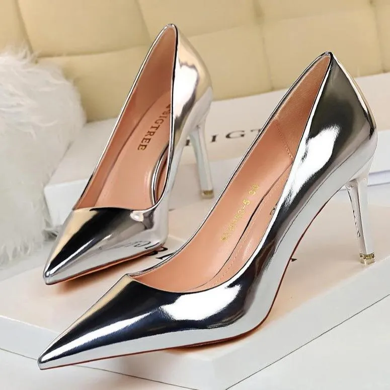 Women sexy champagne patent leather pointed toe high heel stilettos