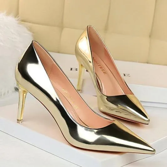 Women sexy champagne patent leather pointed toe high heel stilettos