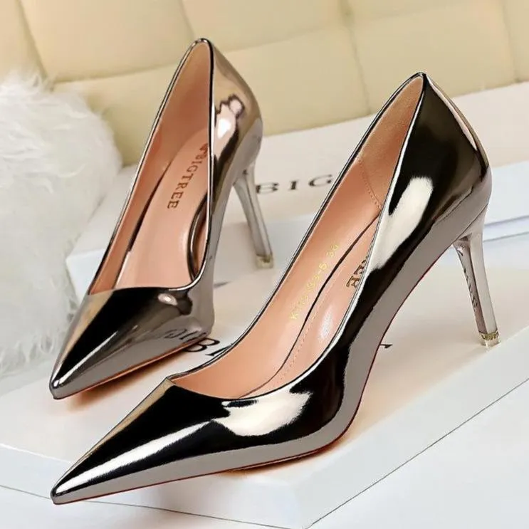 Women sexy champagne patent leather pointed toe high heel stilettos