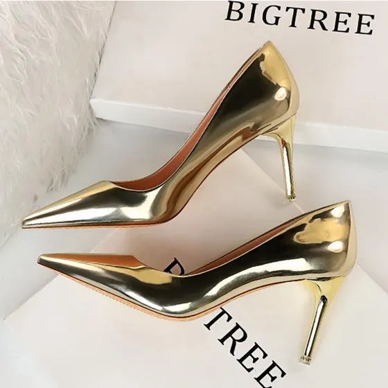 Women sexy champagne patent leather pointed toe high heel stilettos
