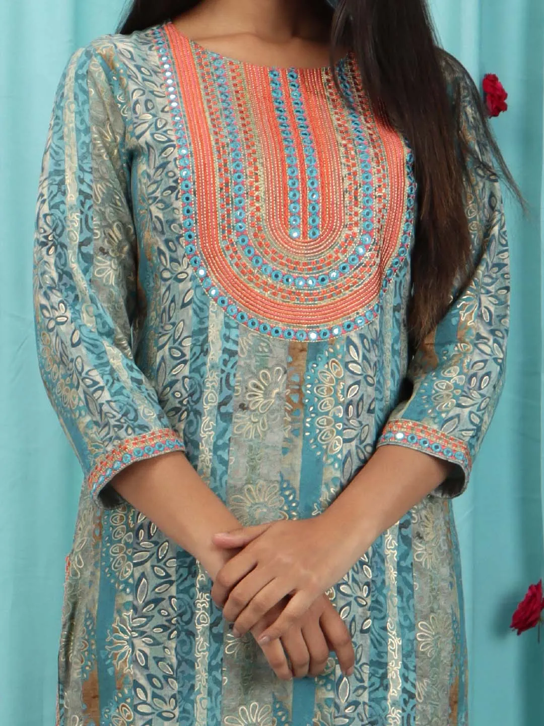 Women Straight Mint Blue Floral Kurta