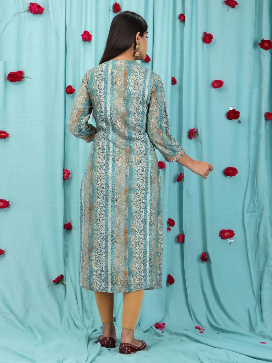 Women Straight Mint Blue Floral Kurta