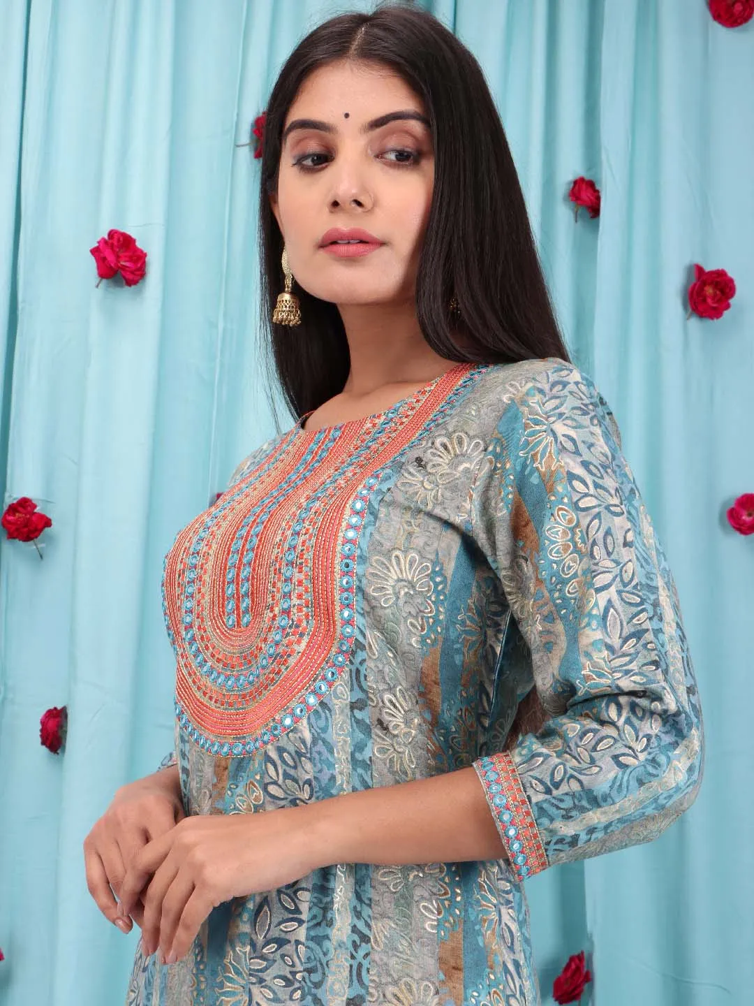 Women Straight Mint Blue Floral Kurta