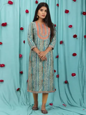 Women Straight Mint Blue Floral Kurta