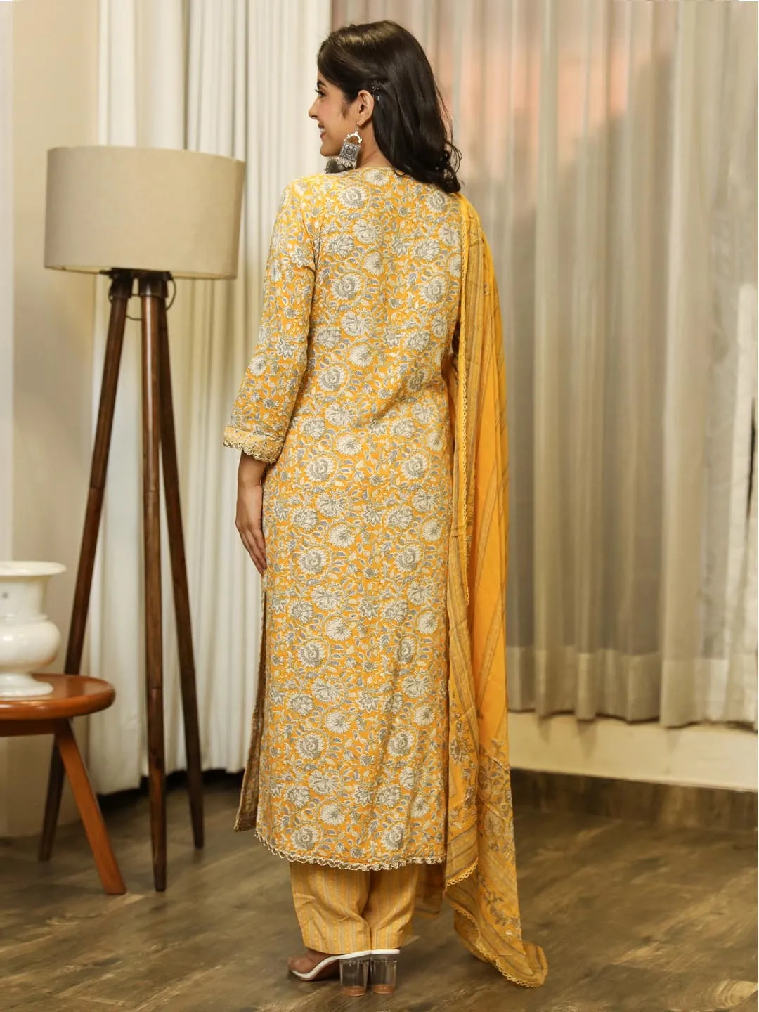 Women Straight Mustard Floral Kurta Palazzo & Dupatta Set