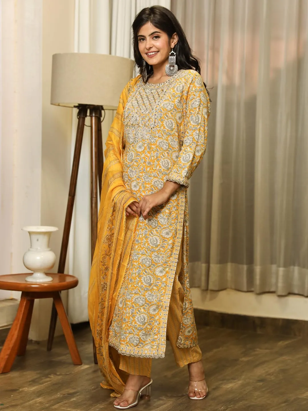 Women Straight Mustard Floral Kurta Palazzo & Dupatta Set
