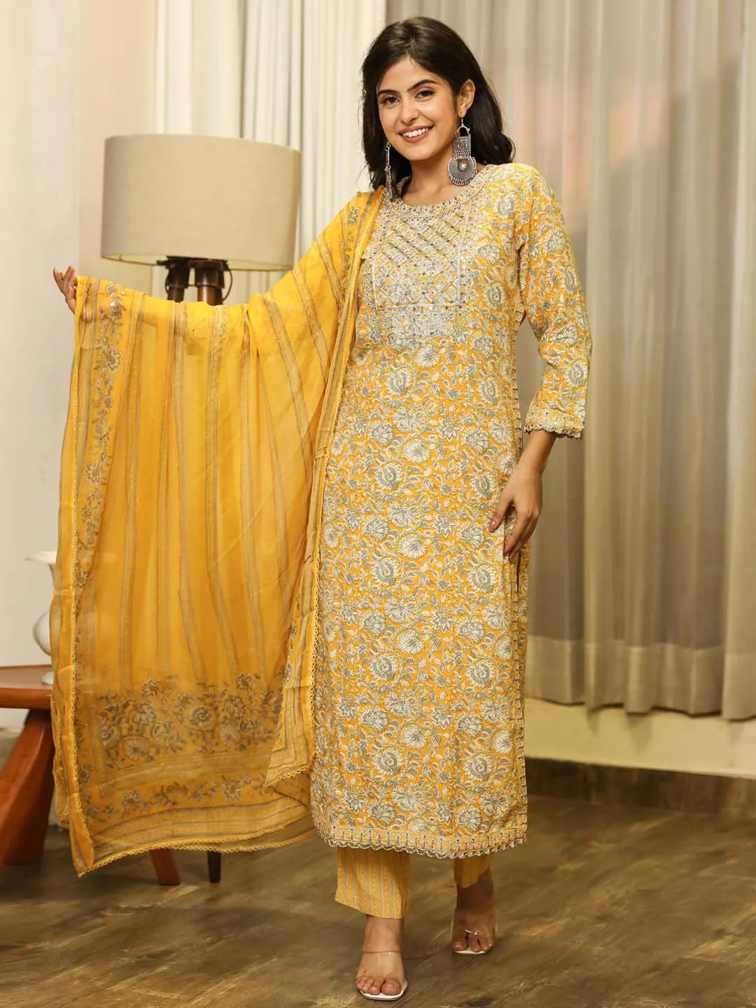 Women Straight Mustard Floral Kurta Palazzo & Dupatta Set