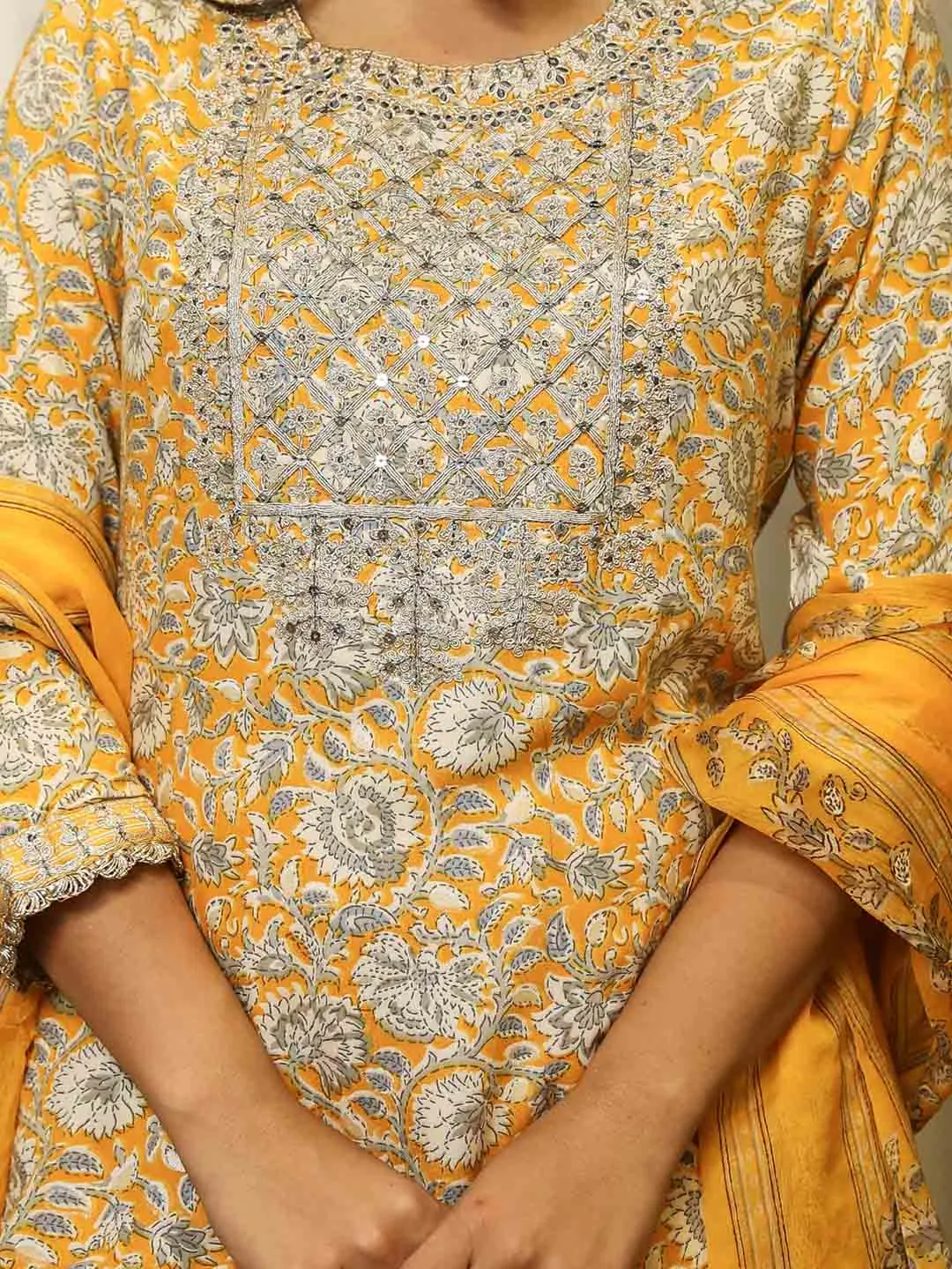 Women Straight Mustard Floral Kurta Palazzo & Dupatta Set