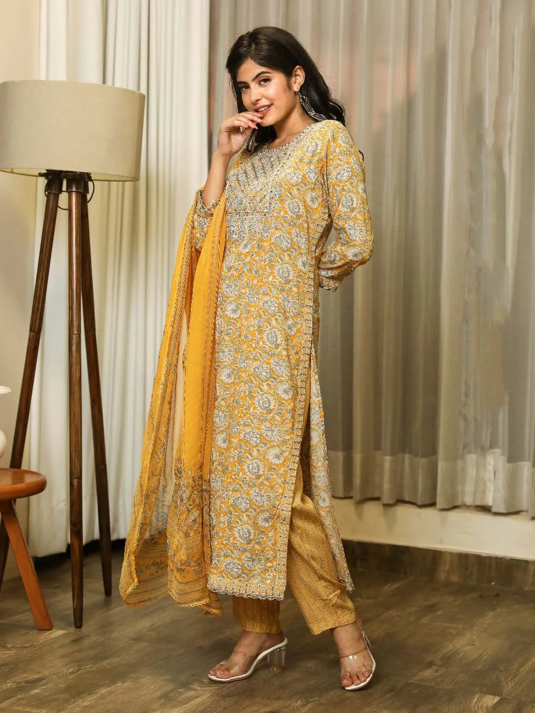 Women Straight Mustard Floral Kurta Palazzo & Dupatta Set