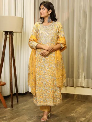 Women Straight Mustard Floral Kurta Palazzo & Dupatta Set