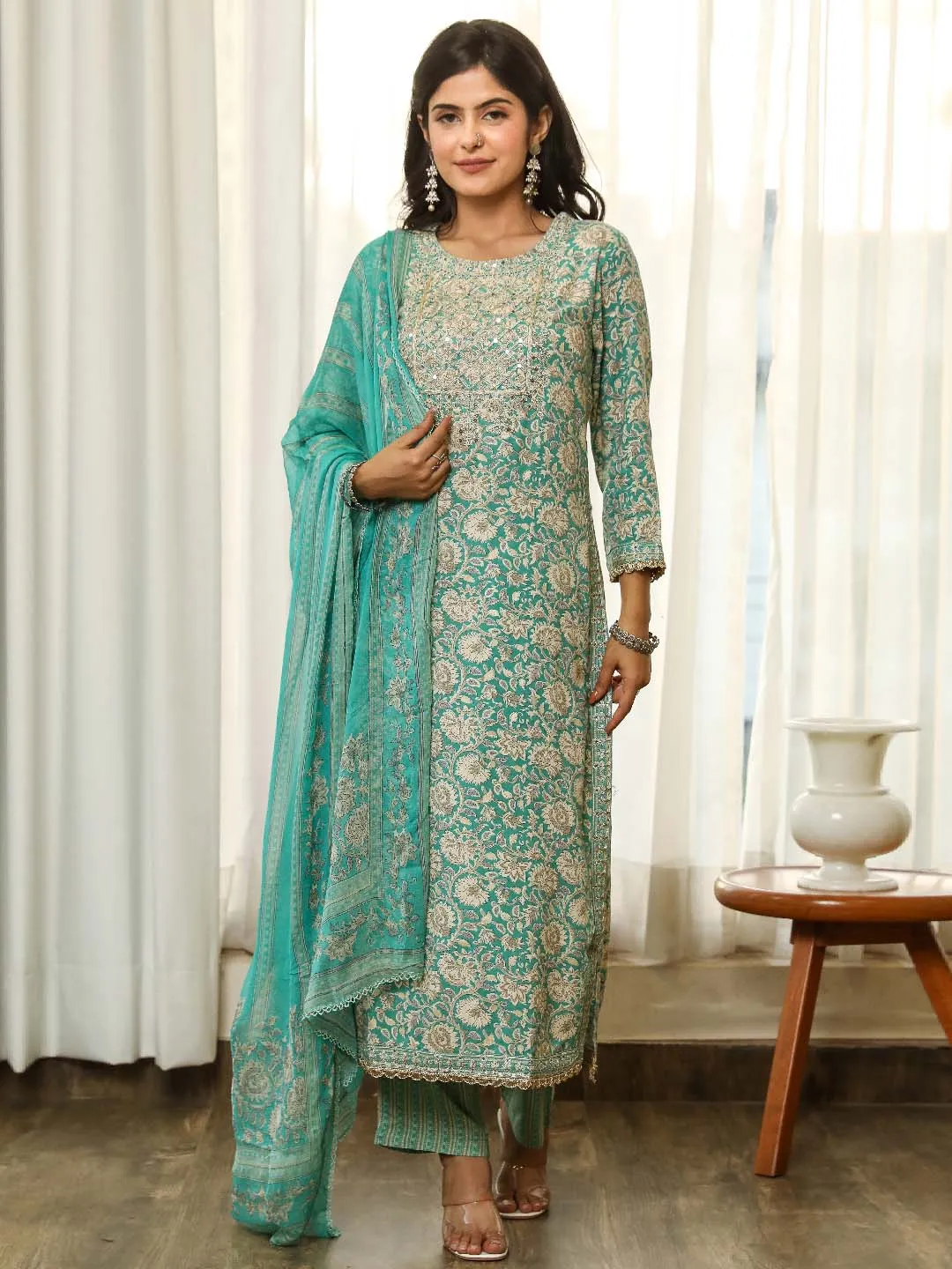 Women Straight Turquoise Floral Kurta Palazzo & Dupatta Set