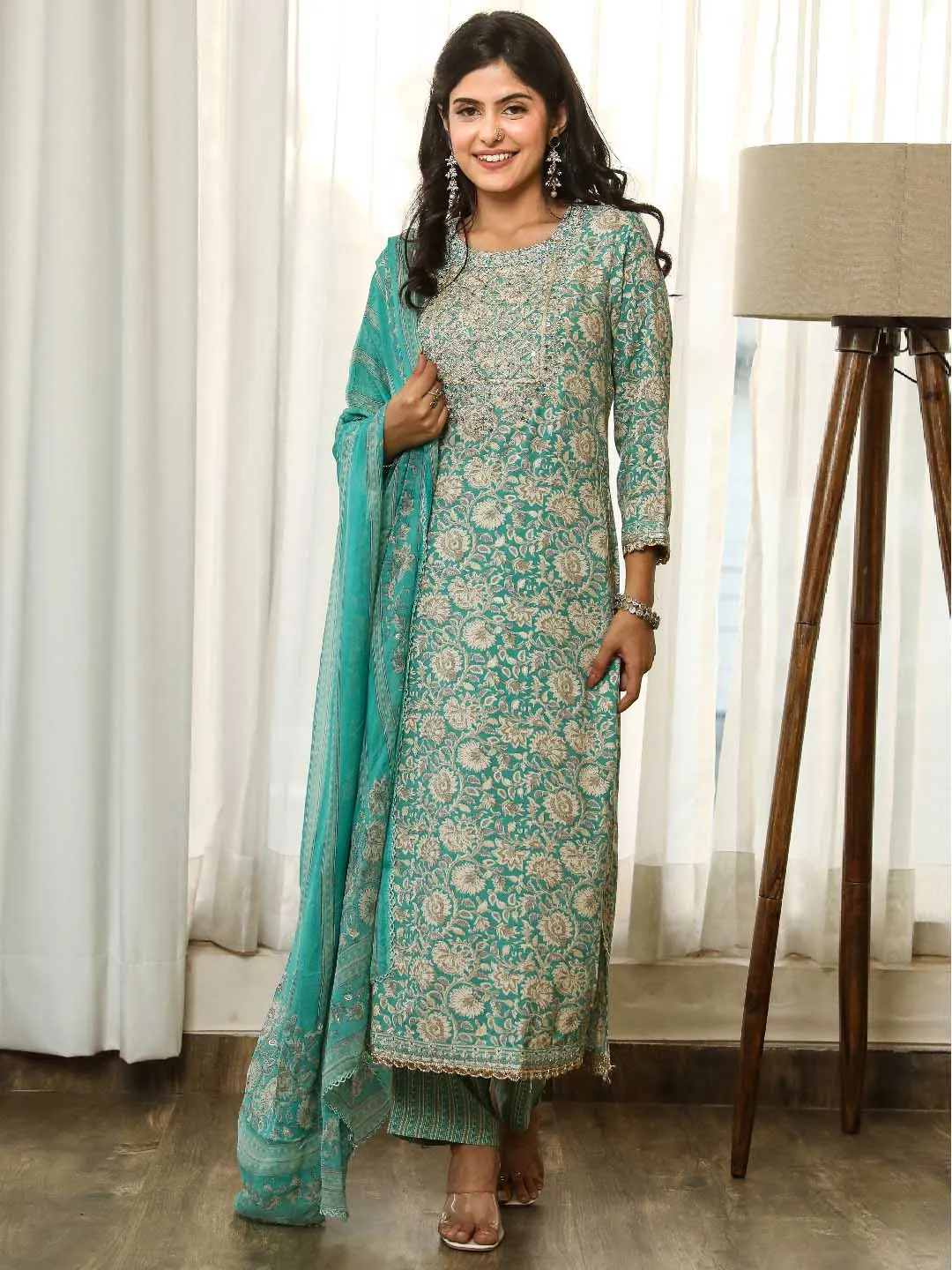 Women Straight Turquoise Floral Kurta Palazzo & Dupatta Set