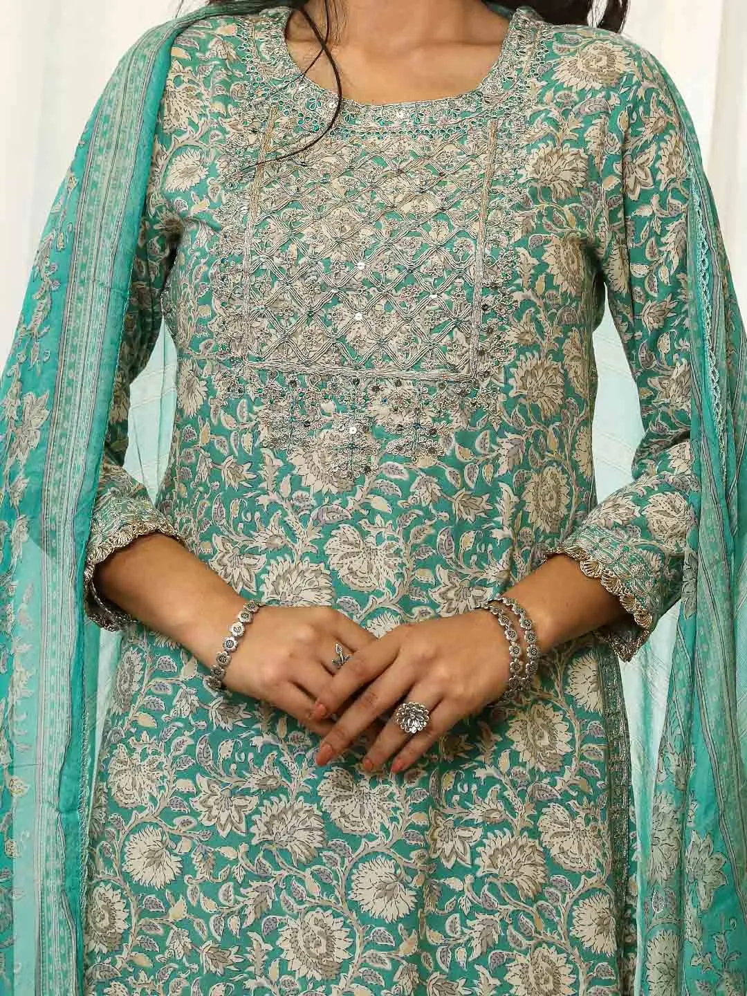 Women Straight Turquoise Floral Kurta Palazzo & Dupatta Set