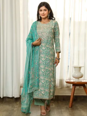 Women Straight Turquoise Floral Kurta Palazzo & Dupatta Set