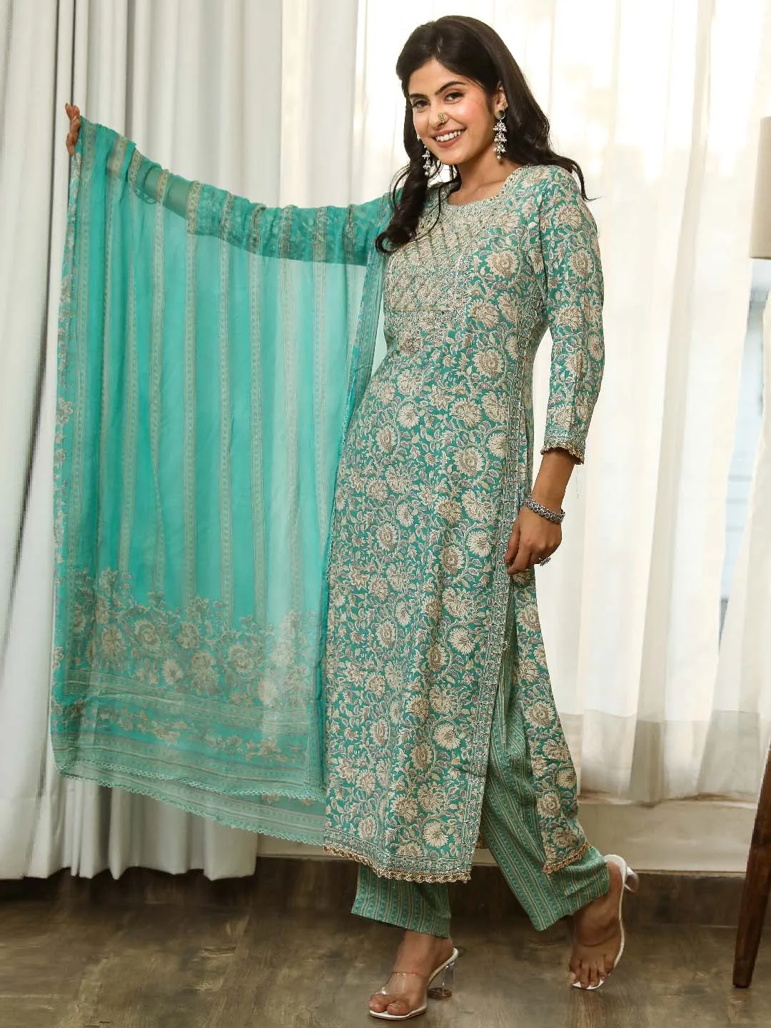 Women Straight Turquoise Floral Kurta Palazzo & Dupatta Set