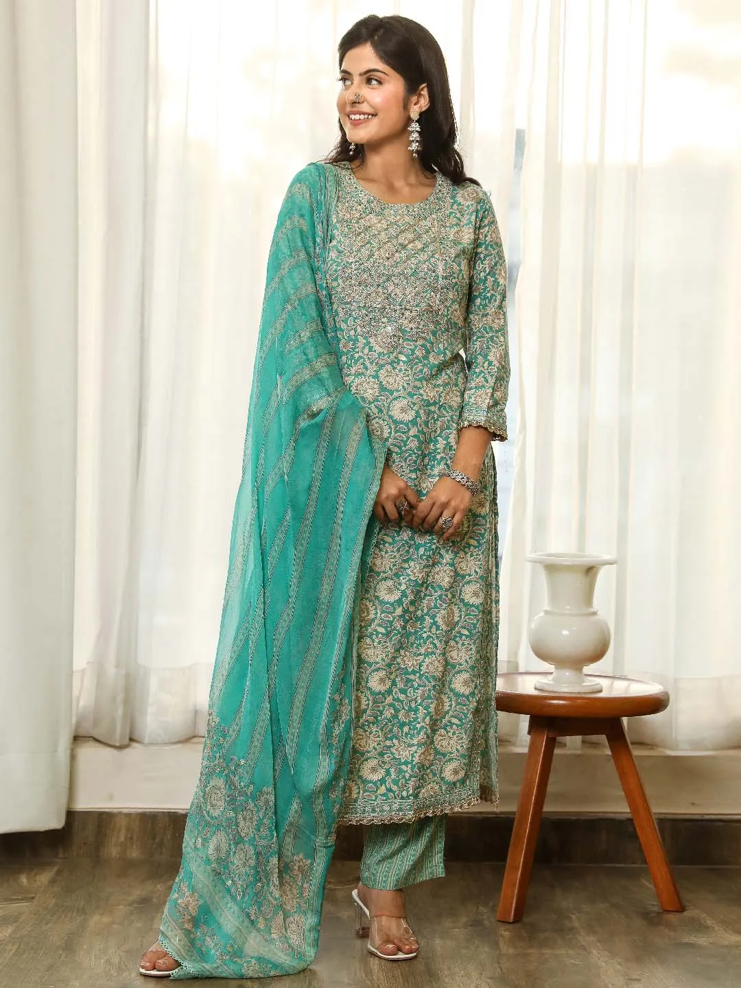 Women Straight Turquoise Floral Kurta Palazzo & Dupatta Set