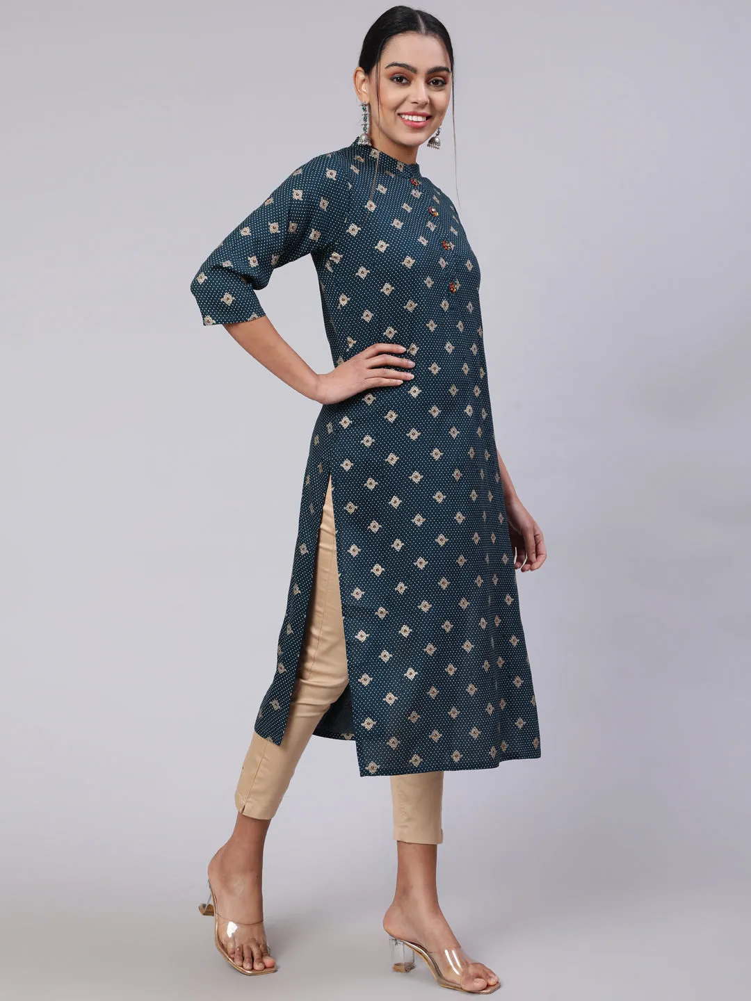 Women Teal Blue Rayon Straight Kurta
