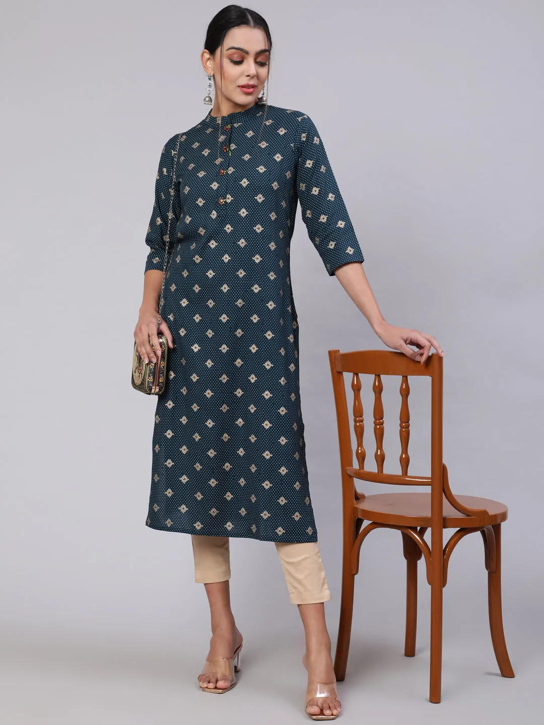 Women Teal Blue Rayon Straight Kurta
