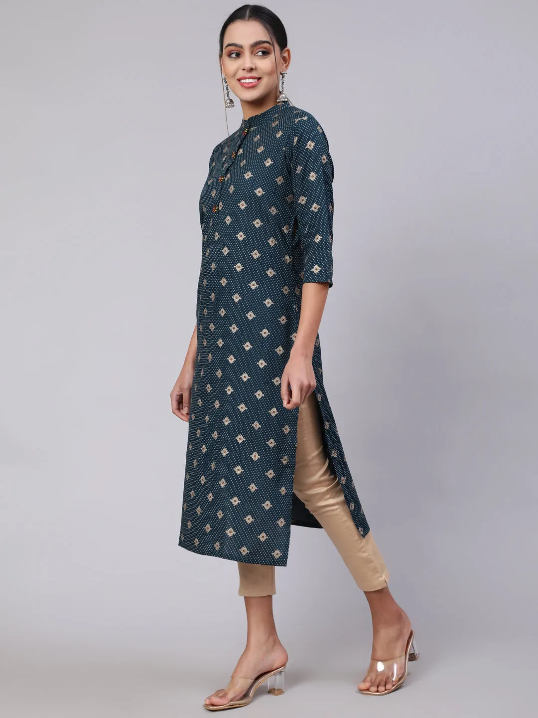 Women Teal Blue Rayon Straight Kurta