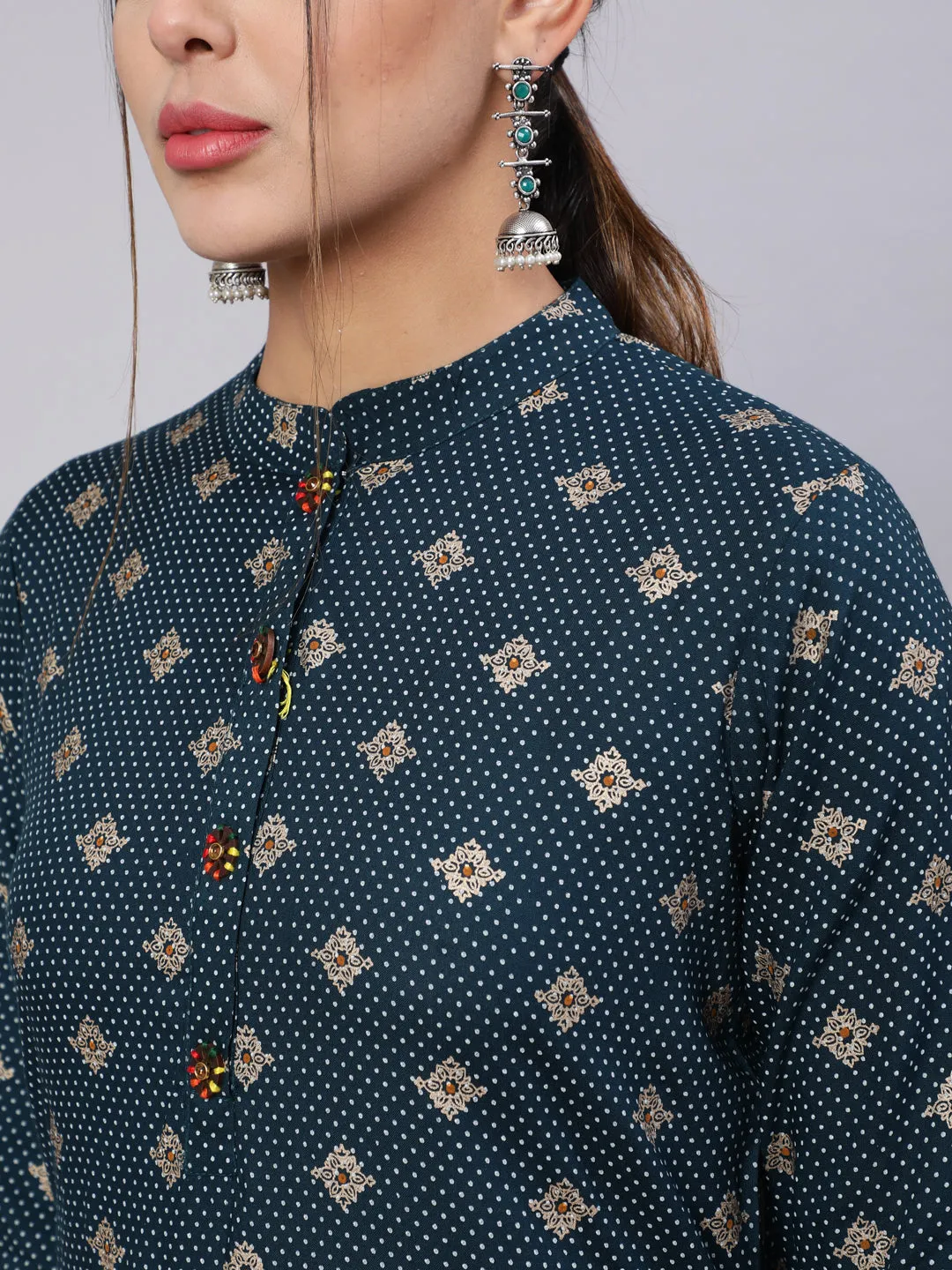 Women Teal Blue Rayon Straight Kurta