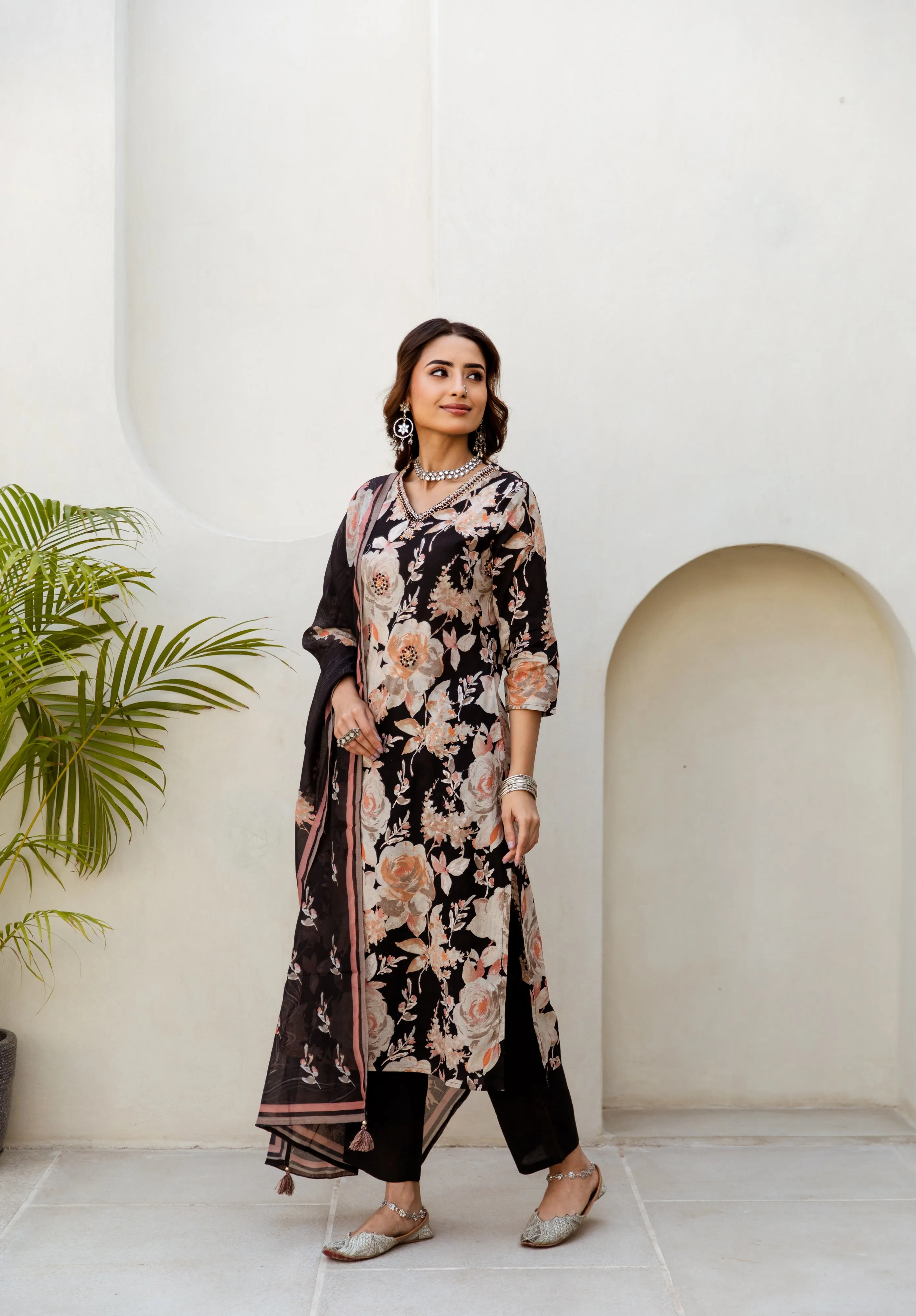 Women's Black Cotton Kurta, Pant  and Dupatta Set