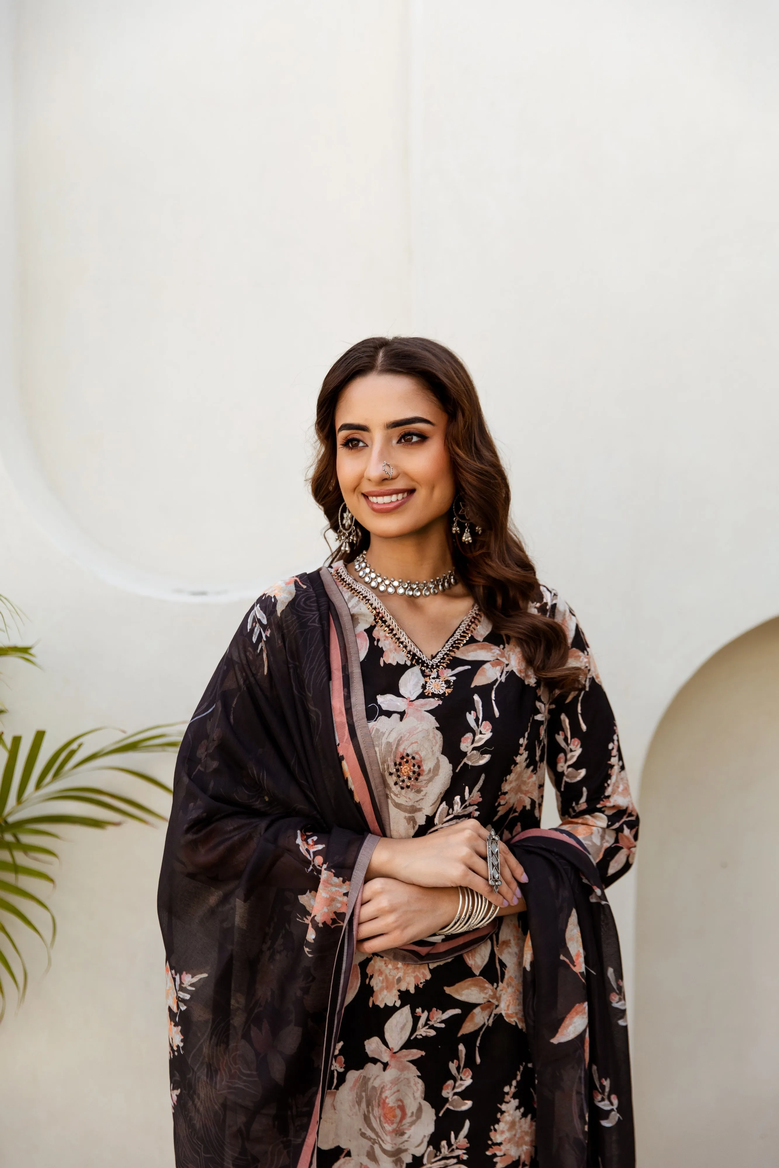 Women's Black Cotton Kurta, Pant  and Dupatta Set