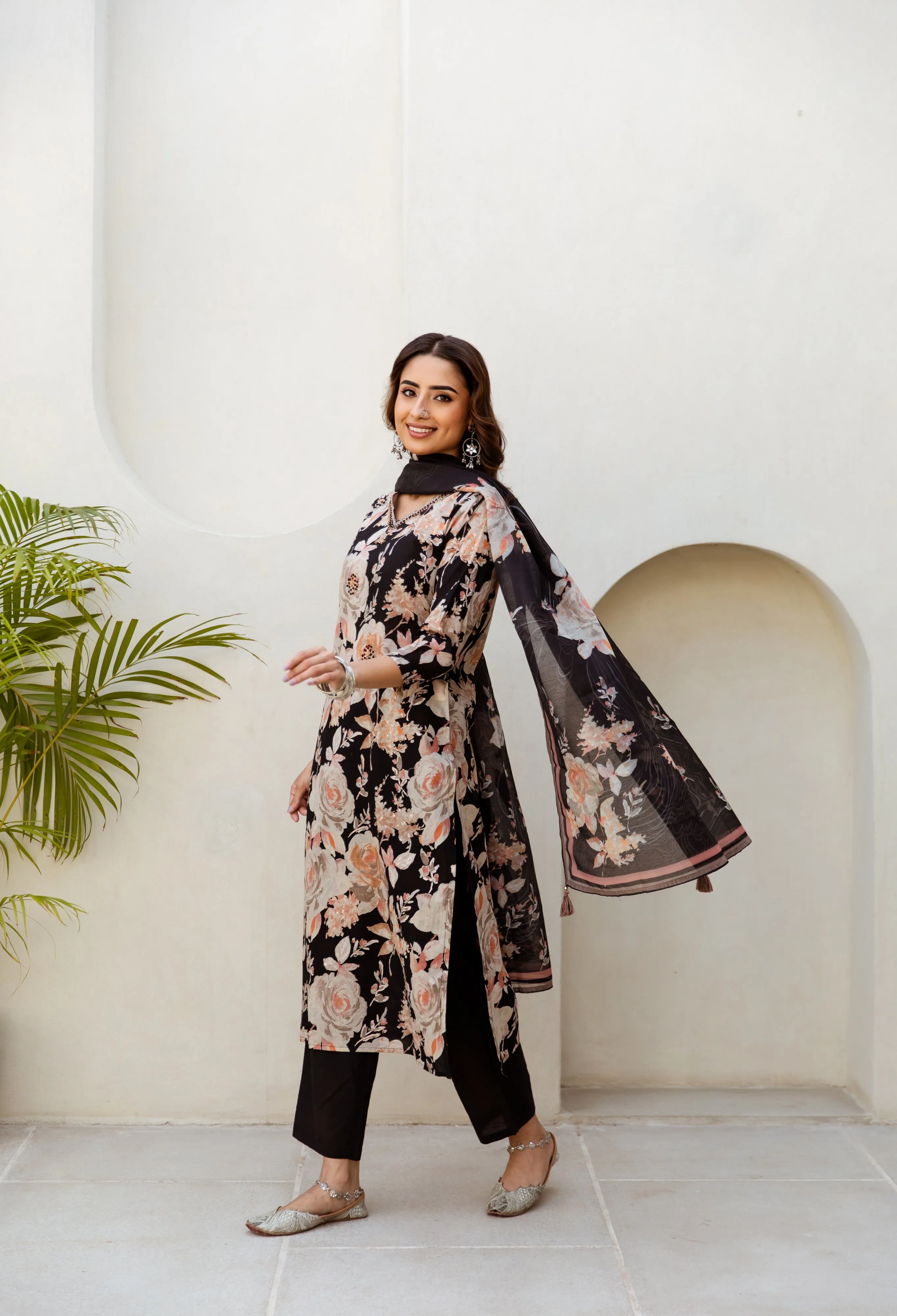 Women's Black Cotton Kurta, Pant  and Dupatta Set