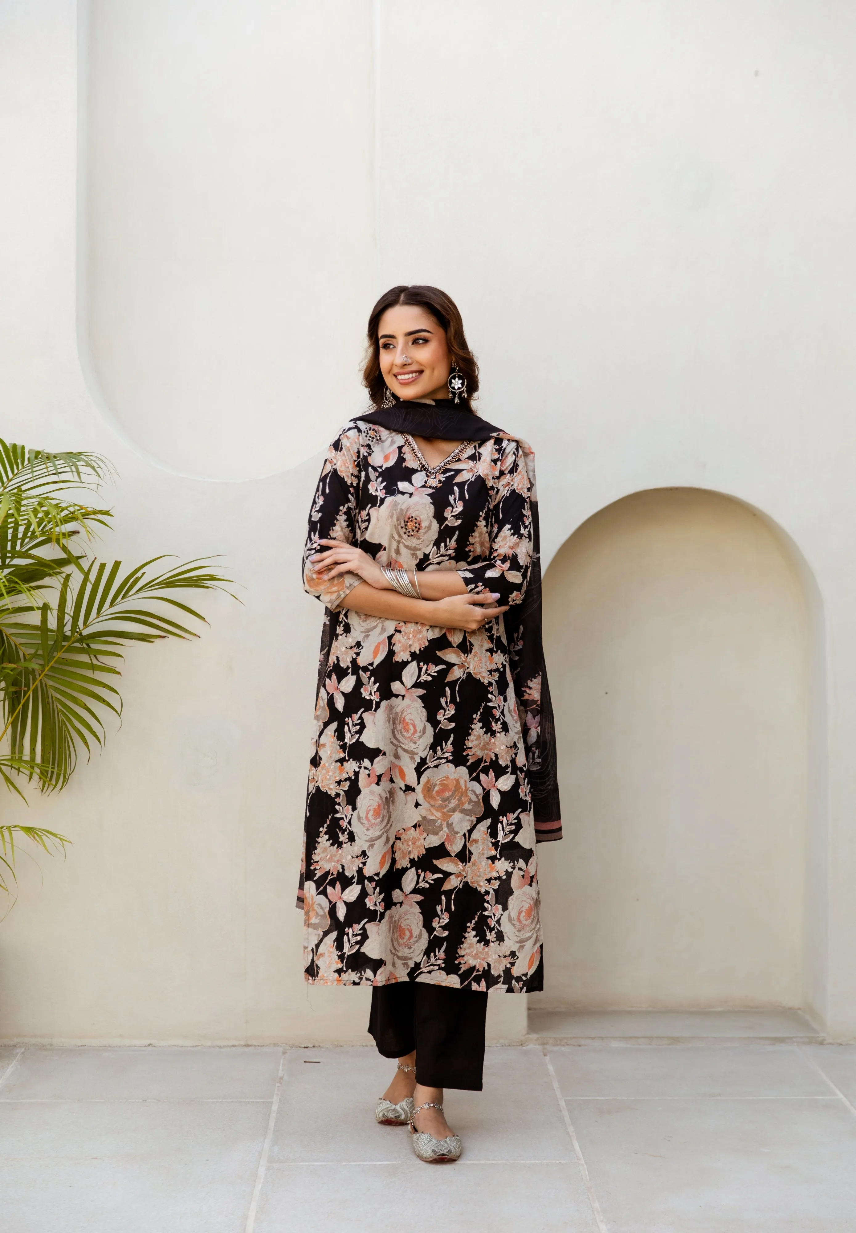 Women's Black Cotton Kurta, Pant  and Dupatta Set