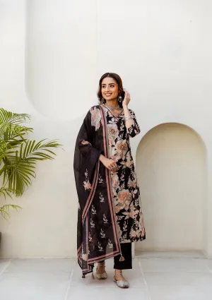 Women's Black Cotton Kurta, Pant  and Dupatta Set