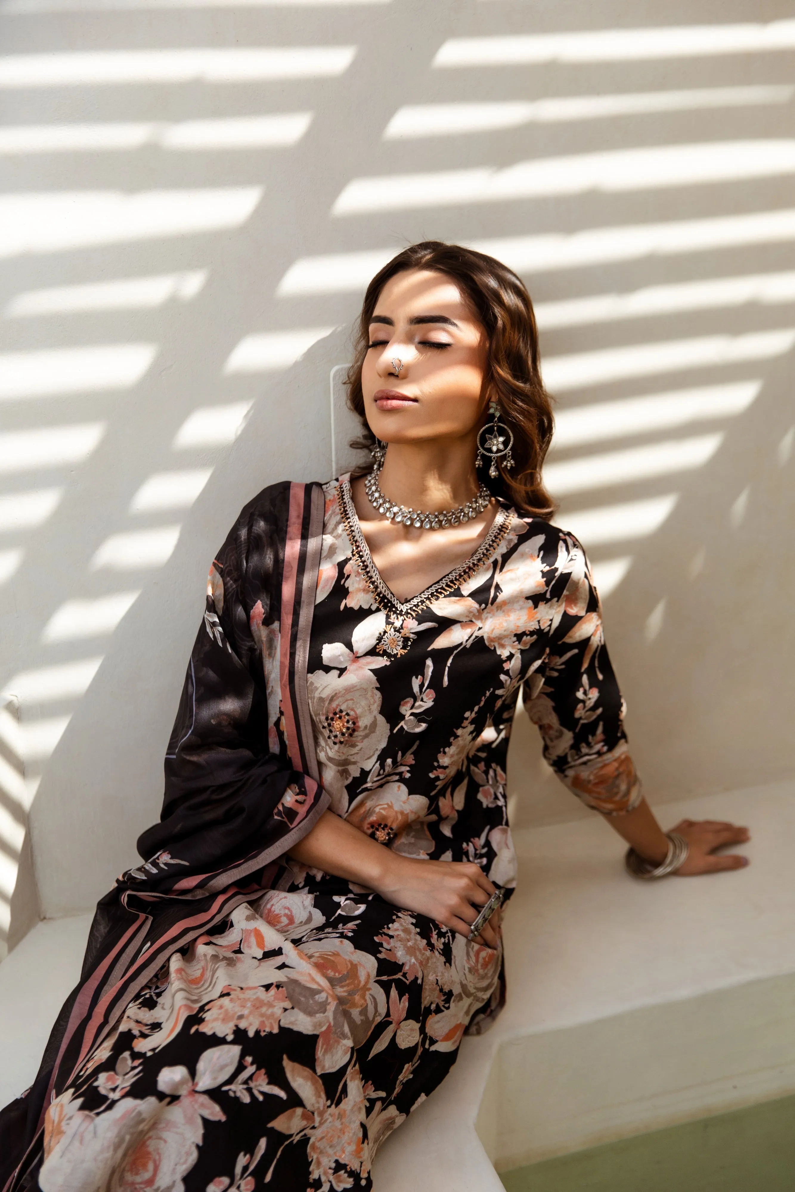 Women's Black Cotton Kurta, Pant  and Dupatta Set