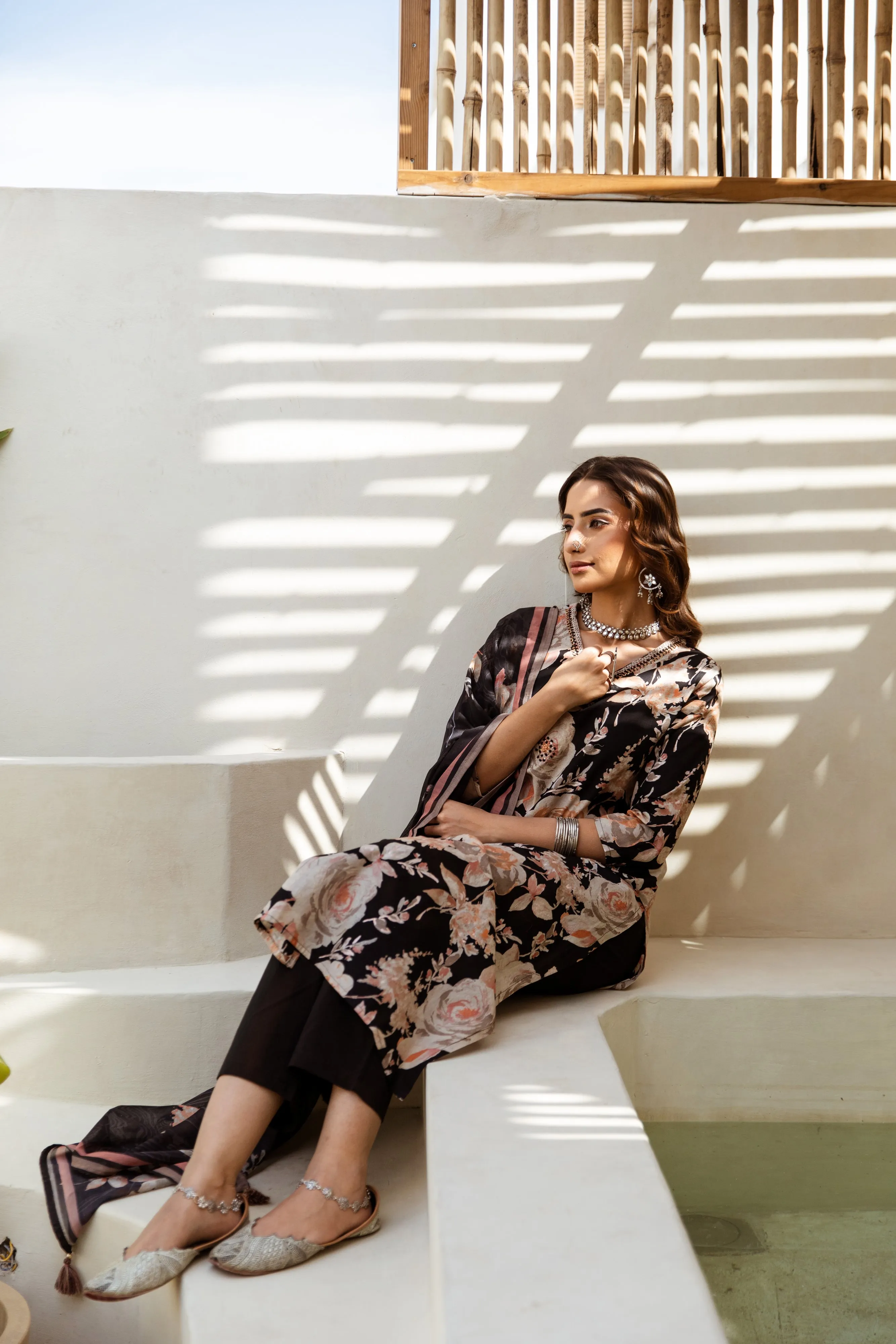 Women's Black Cotton Kurta, Pant  and Dupatta Set