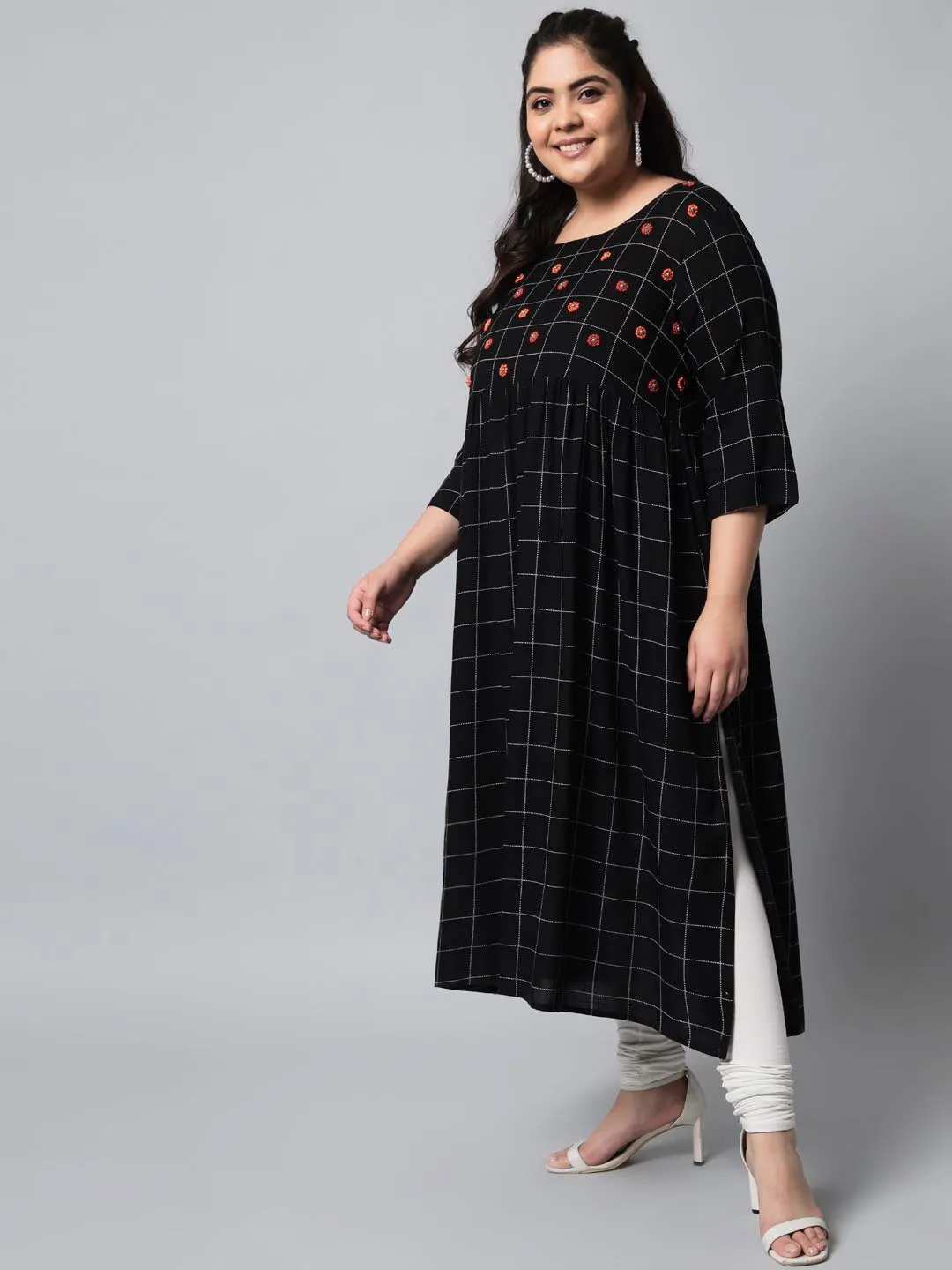 Women's Black Rayon Slub Straight Kurta