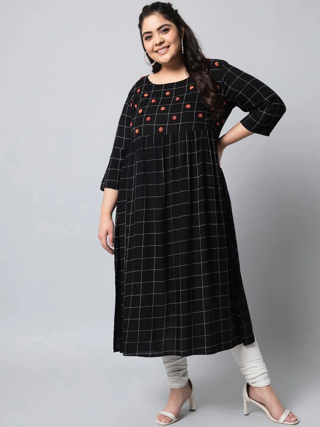 Women's Black Rayon Slub Straight Kurta