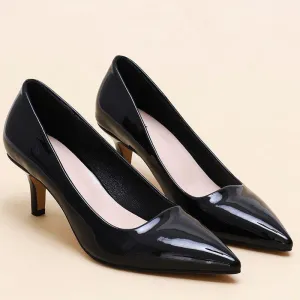 Women's Black Shiny Leather Pointed Toe Stilettos High Heels Shoe