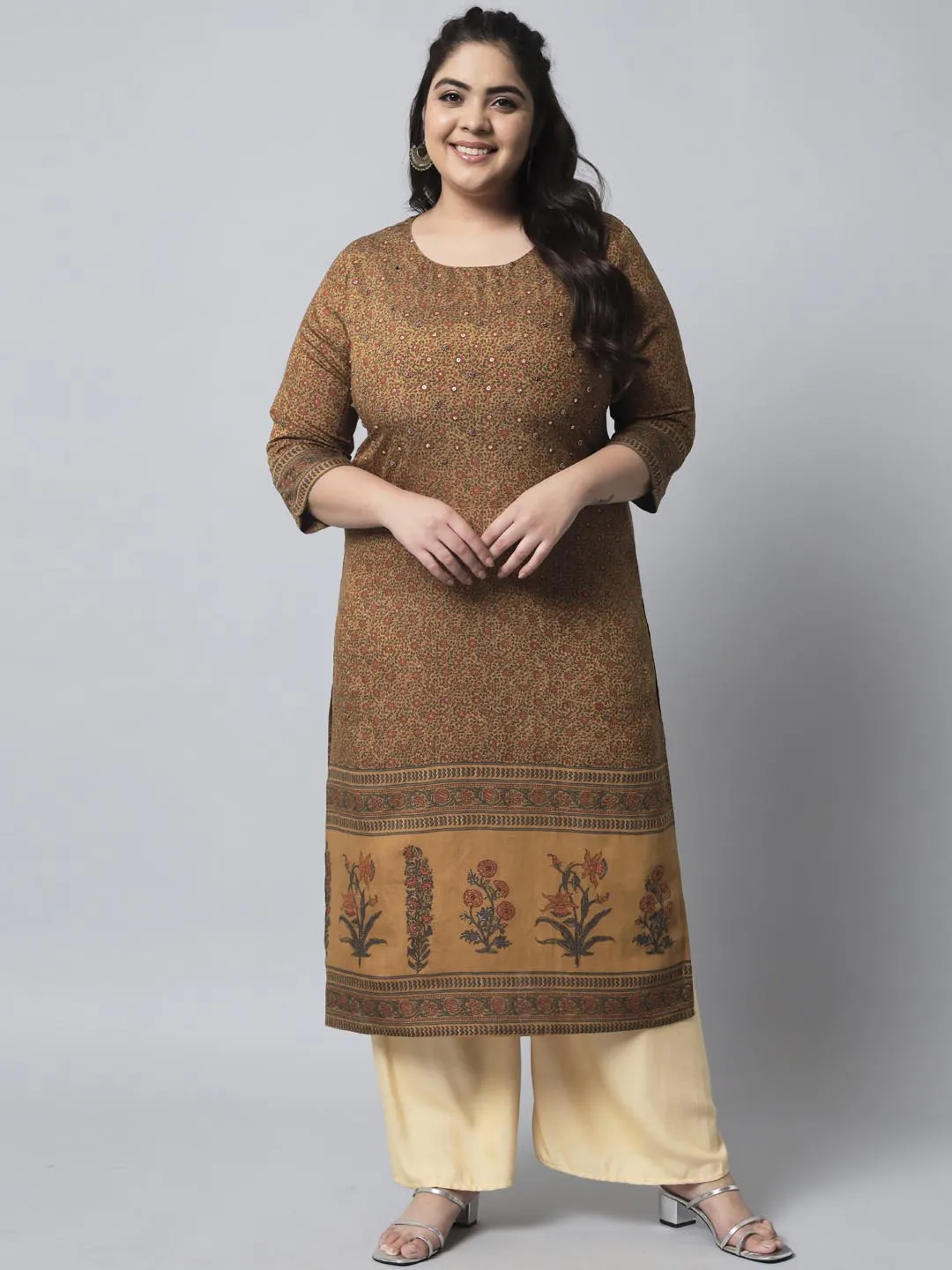 Women's Brown Silk Blend Straight Kurta
