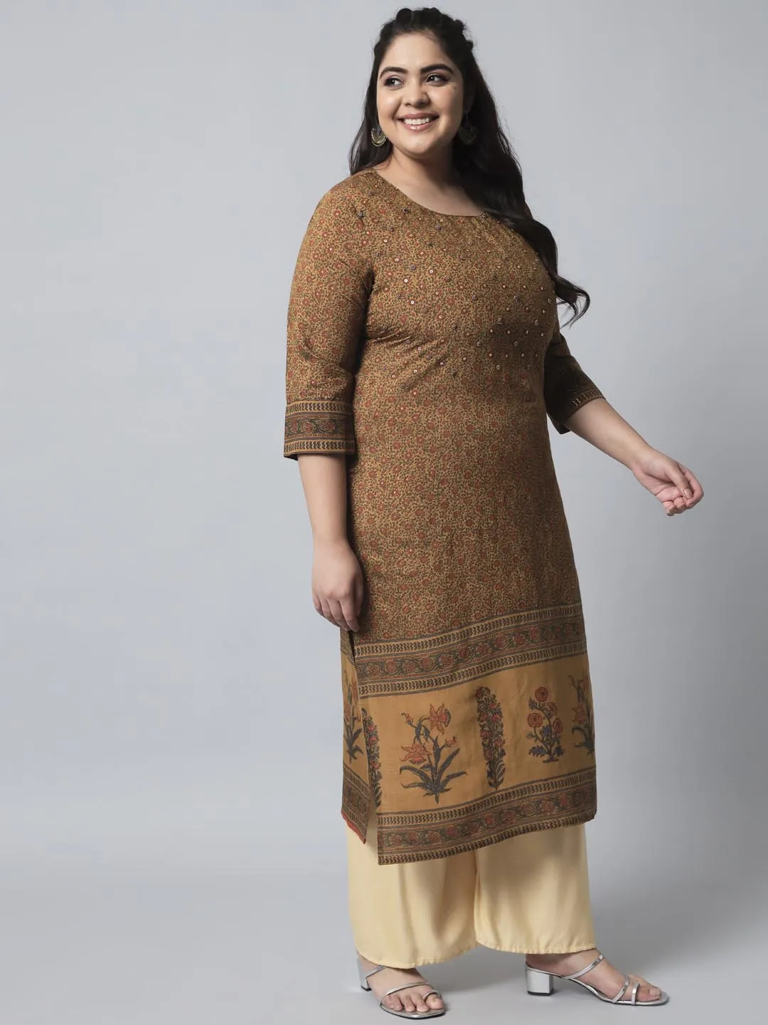 Women's Brown Silk Blend Straight Kurta