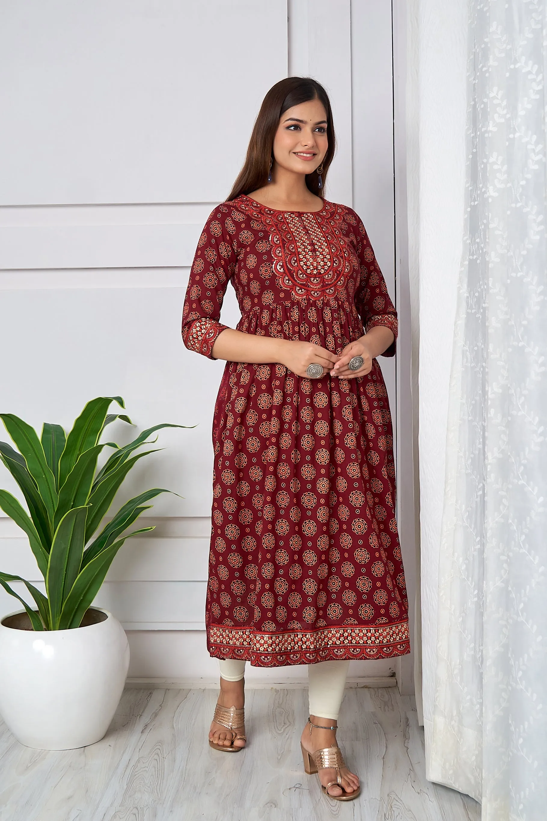 Womens Cotton Maroon Nyara Cut A-Line Kurta