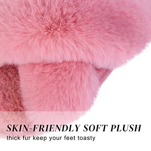 Women's Cross Band Slippers Fuzzy Soft House Slippers Plush Furry Warm Cozy Open Toe Fluffy Home Shoes Comfy Indoor Outdoor Slip On Breathable Pink 7-8