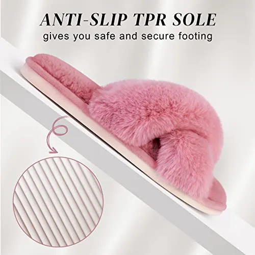 Women's Cross Band Slippers Fuzzy Soft House Slippers Plush Furry Warm Cozy Open Toe Fluffy Home Shoes Comfy Indoor Outdoor Slip On Breathable Pink 7-8