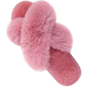 Women's Cross Band Slippers Fuzzy Soft House Slippers Plush Furry Warm Cozy Open Toe Fluffy Home Shoes Comfy Indoor Outdoor Slip On Breathable Pink 7-8