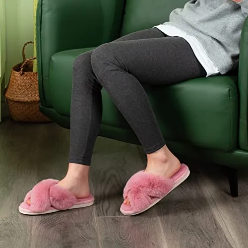 Women's Cross Band Slippers Fuzzy Soft House Slippers Plush Furry Warm Cozy Open Toe Fluffy Home Shoes Comfy Indoor Outdoor Slip On Breathable Pink 7-8