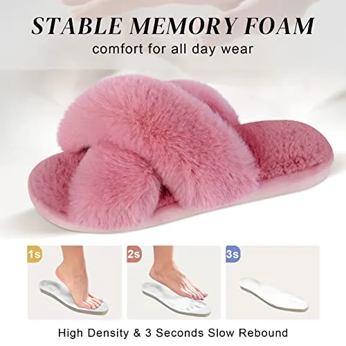 Women's Cross Band Slippers Fuzzy Soft House Slippers Plush Furry Warm Cozy Open Toe Fluffy Home Shoes Comfy Indoor Outdoor Slip On Breathable Pink 7-8