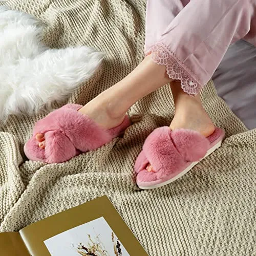 Women's Cross Band Slippers Fuzzy Soft House Slippers Plush Furry Warm Cozy Open Toe Fluffy Home Shoes Comfy Indoor Outdoor Slip On Breathable Pink 7-8
