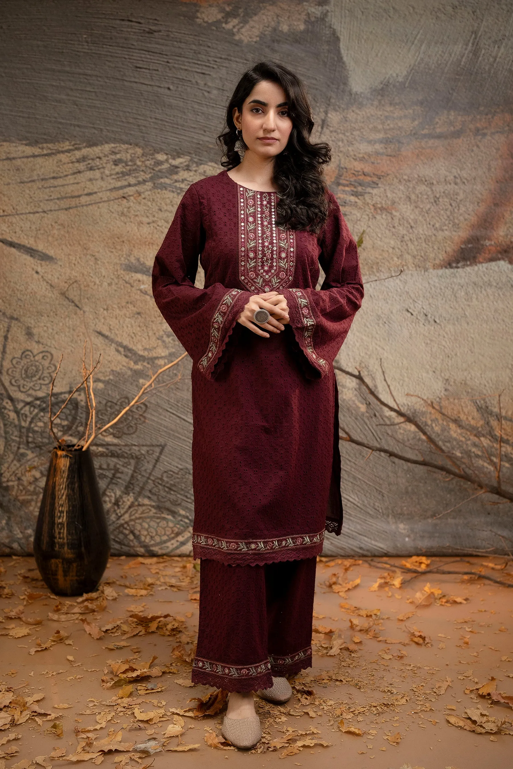Women's Maroon Cotton Kurta, Palazzo & Dupatta Set