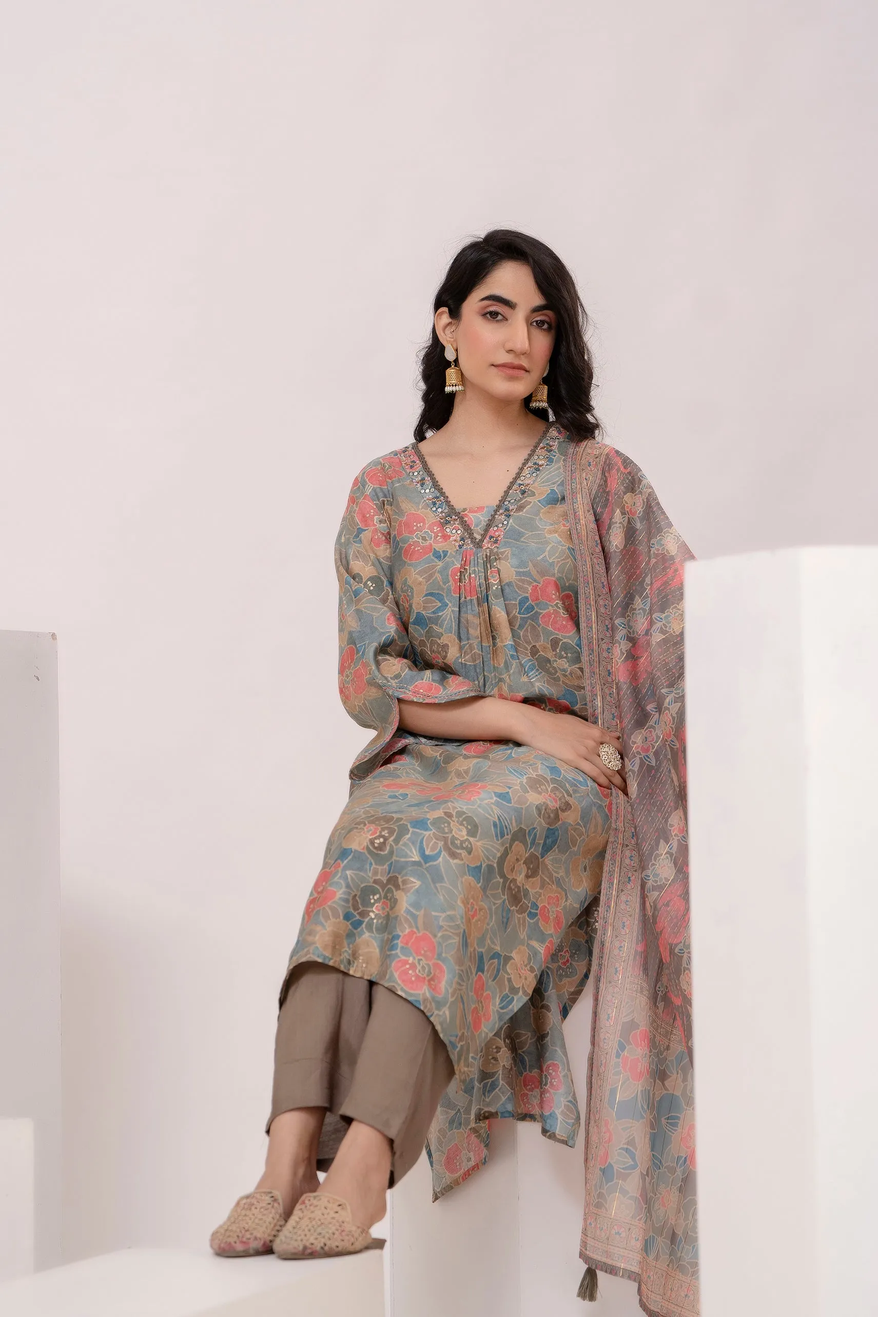 Women's Mint Green Muslin Kurta Pant and Dupatta Set