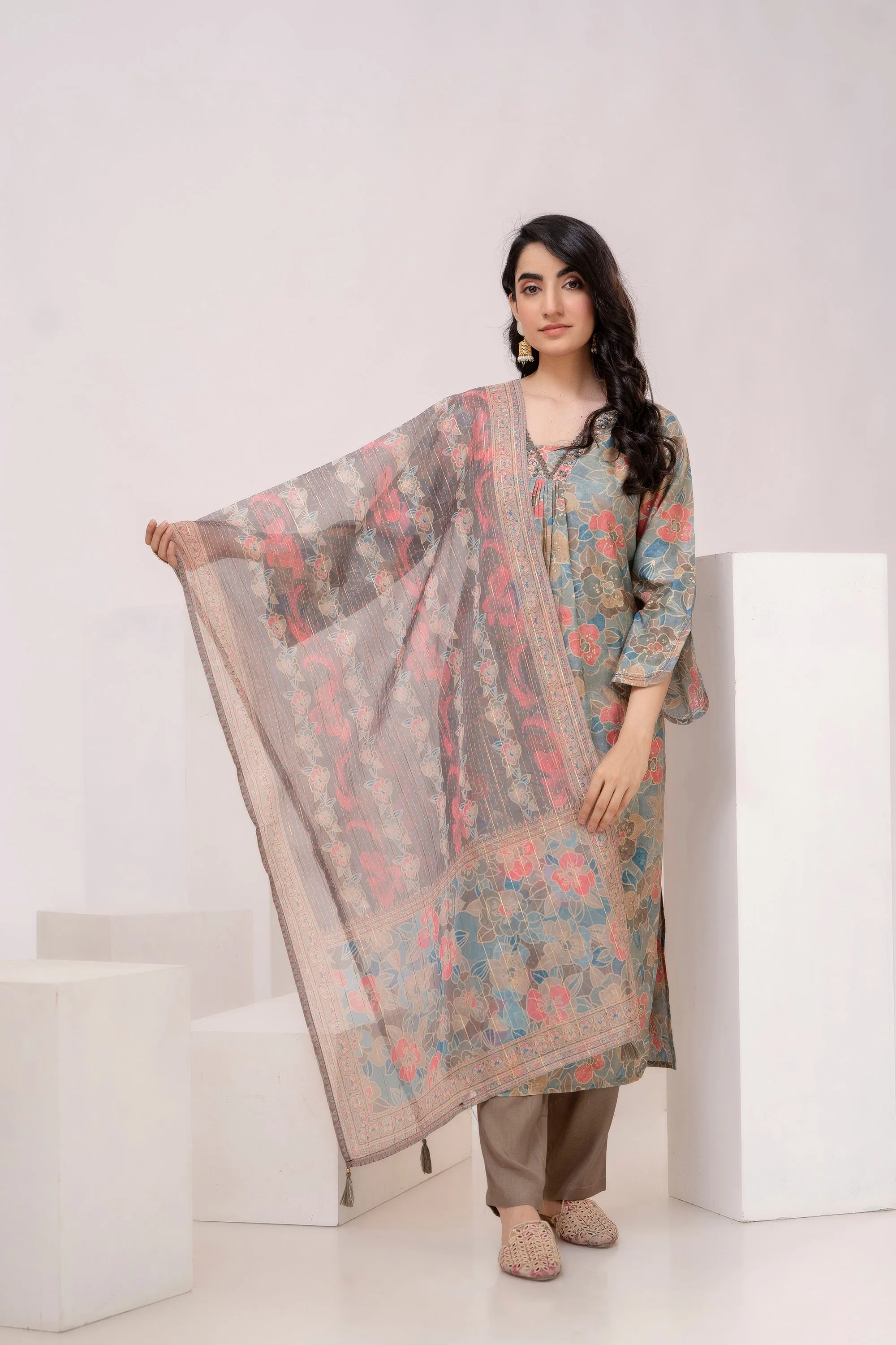 Women's Mint Green Muslin Kurta Pant and Dupatta Set