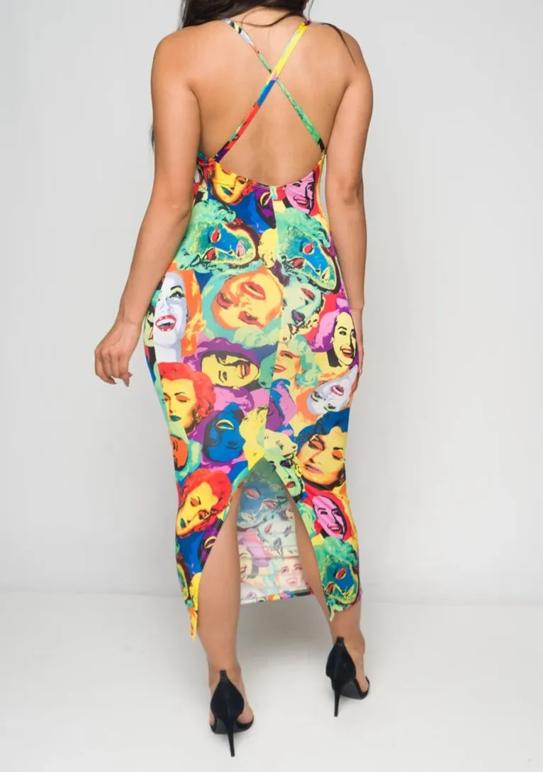 Women's Multicolored Spaghetti Strap Criss Cross Open Back Midi Dress