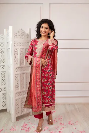 Women's Muslin Pink Straight Kurta, Pant & Dupatta